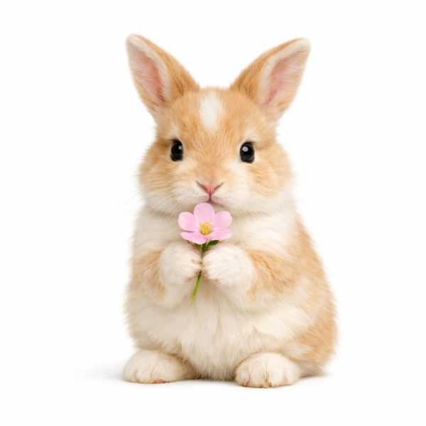 a baby bunny holding a flower 